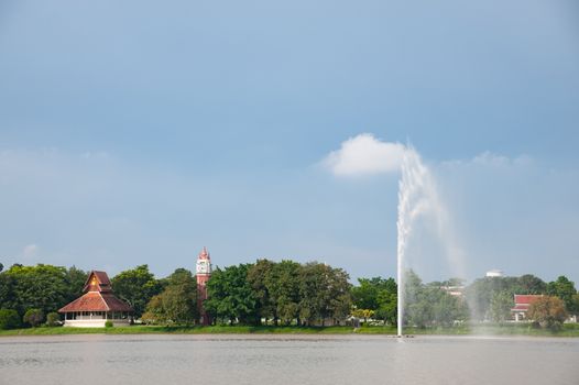 Temple buildings along the lake at Wat Yansangwararam (Wat Yan) near Pattaya in Thailand.