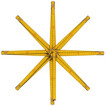 Old wooden yellow meter in the shape of eight-pointed star. Isolated on white background.