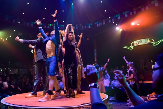 CANADA, Toronto:  The performers of Spiegelworld's Empire kick off their Toronto show on October 1, 2015 to applause from the audience. 