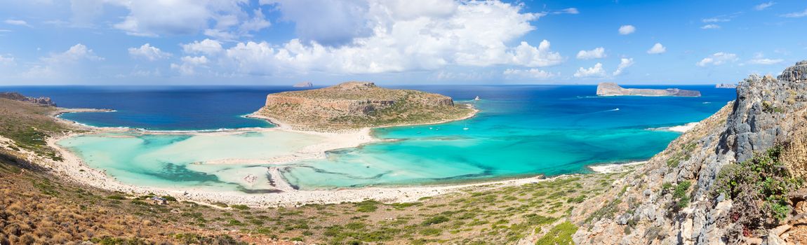Breathtaking panorama of Balos beach and lagoon and Gramvousa island on Crete, Greece. Cap tigani in the center. Panoramic composition.