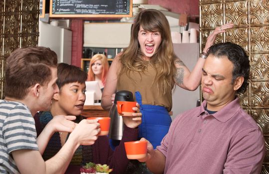 Screaming waitress with picky customers in coffee house