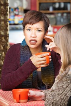 Astonished woman with friend at coffee house indoors