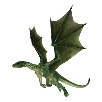 3D digital render of a  green evil fairytale dragon flying isolated on white background