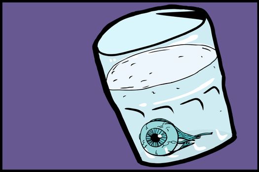 Cartoon of single human eyeball inside cup of water