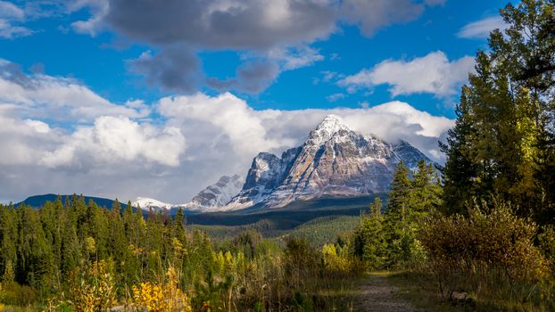 Mount Fitzwilliam is part of the Canadian Rockies in British Columbia. The lower half being dolomite and the upper half quartzite covered with lichen which gives it a very dark gray color