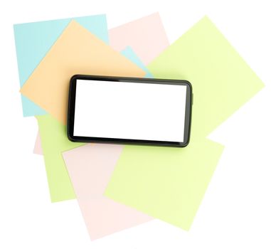 Smartphone on stickers on isolated white background