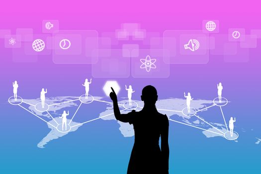 Businesswomans silhouette touching virtual holographic screen with world map