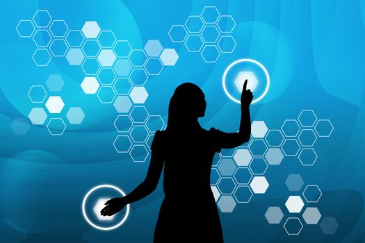 Businesswomans silhouette touching virtual holographic screen with circles