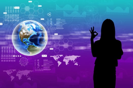 Businesswomans silhouette and virtual holographic screen with world map. Elements of this image furnished by NASA