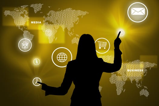 Businesswomans silhouette touching virtual holographic screen with world map