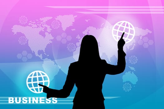 Businesswomans silhouette touching virtual holographic screen with world map