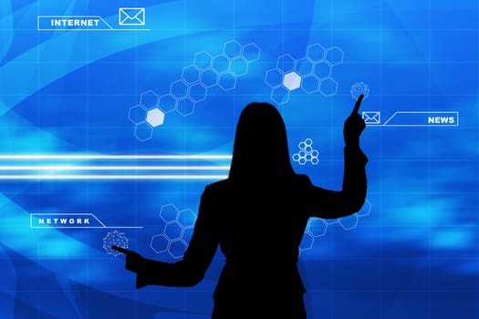 Businesswomans silhouette touching virtual holographic screen with circles