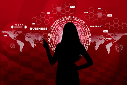Businesswomans silhouette touching virtual holographic screen with circles