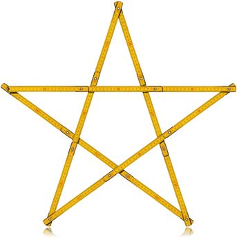 Old wooden yellow meter in the shape of five-pointed star. Isolated on white background.