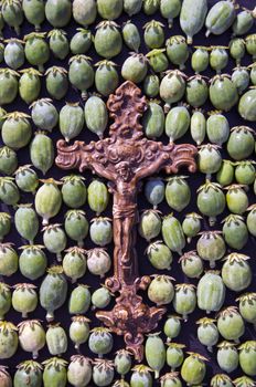 Brown crucifix placed on green poppy heads