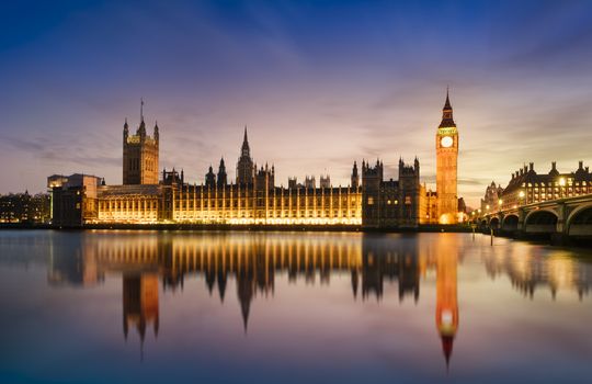 Big Ben and Westminster Bridge at dusk, London, UK