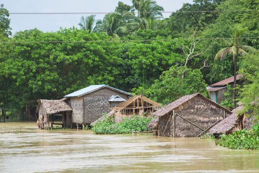 Flooded village near Kyaunggon in the Ayeyarwady Division of Myanmar during the aftermath of the unusually strong monsoon flooding lasting from July to September of 2015.