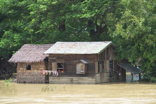Flooded village near Kyaunggon in the Ayeyarwady Division of Myanmar during the aftermath of the unusually strong monsoon flooding lasting from July to September of 2015.