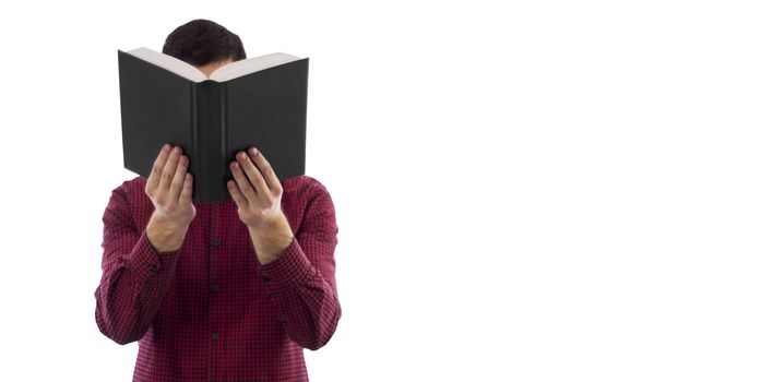 Man holding large open book with blank cover, isolated on a white background