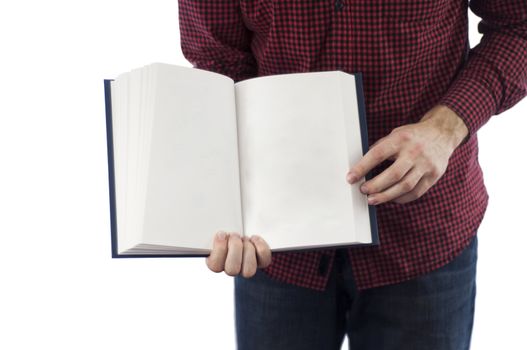 Man holding large open book with blank pages isolated on a white background
