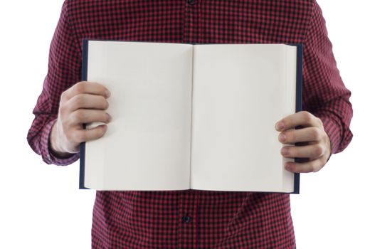 Man holding large open book with blank pages, isolated on a white background