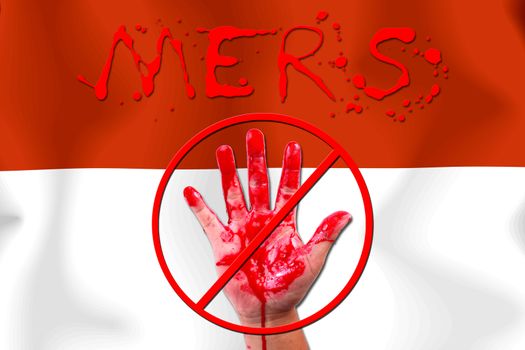 Concept show hand stop MERS Virus epidemic Indonesia flag background.