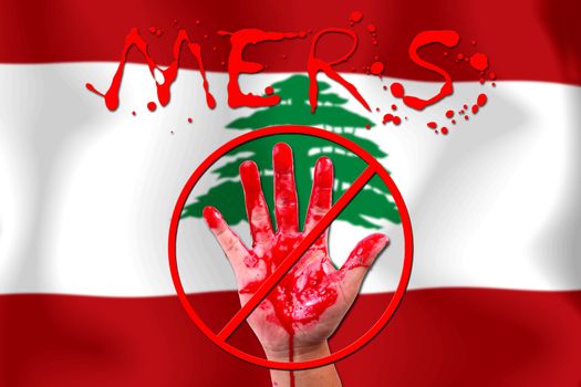 Concept show hand stop MERS Virus epidemic  LEBANON flag background.