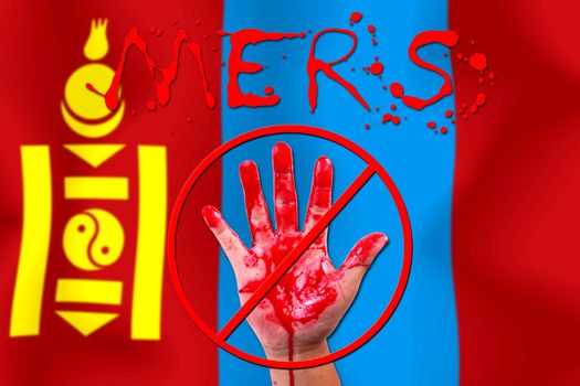 Concept show hand stop MERS Virus epidemic  Mongolia flag background.