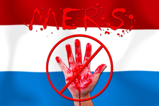 Concept show hand stop MERS Virus epidemic  Netherlands flag background.