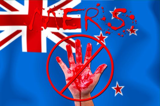 Concept show hand stop MERS Virus epidemic  New Zealand flag background.