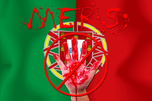 Concept show hand stop MERS Virus epidemic  portuguese flag background.