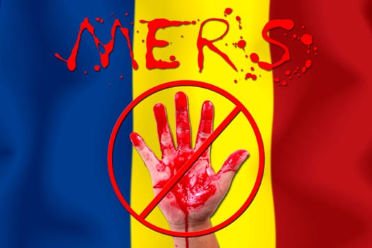 Concept show hand stop MERS Virus epidemic  Romanian flag background.