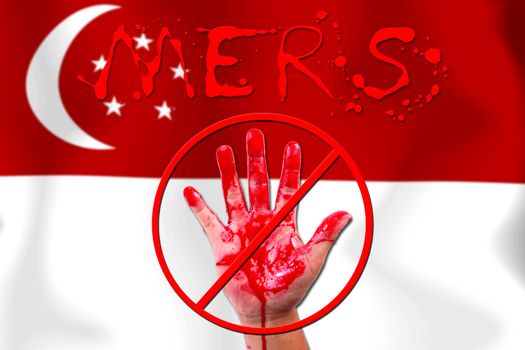 Concept show hand stop MERS Virus epidemic Singapore  flag background.