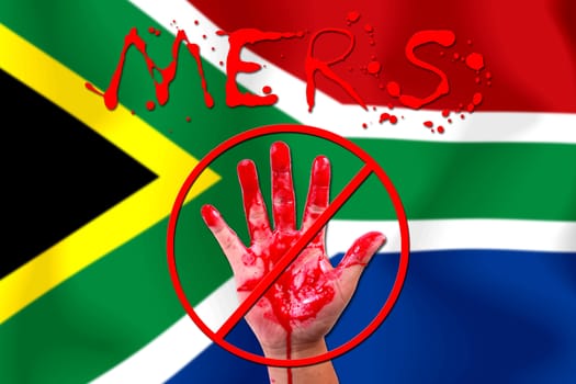 Concept show hand stop MERS Virus epidemic  South Africa flag background.