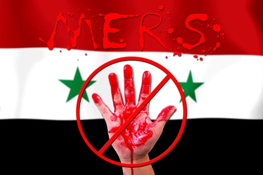 Concept show hand stop MERS Virus epidemic  Syrian flag background.