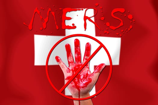 Concept show hand stop MERS Virus epidemic  Switzerland  flag background.