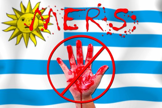 Concept show hand stop MERS Virus epidemic URUGUAY  flag background.