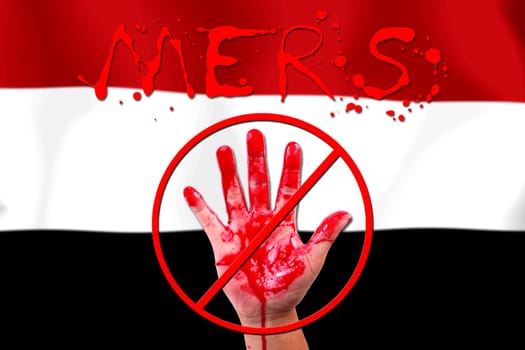 Concept show hand stop MERS Virus epidemic Yemen  flag background.