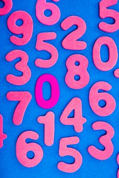 Single digit numbers in pink are spread over a blue backgrond in vertical format.