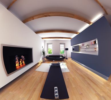 modern design living room interior. Fish eye effect.3d design concept