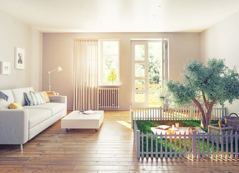 picnic in a home interior. 3D concept illustration