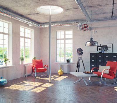 the modern loft interior with  fire pole  concept design (3d render)