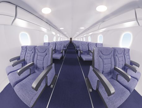 airplane interior seats.fish eye effect. 3D rendering
