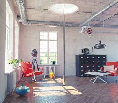 the modern loft interior with  fire pole  concept design (3d render)
