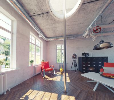 the modern loft interior with fire pole concept design (3d render)