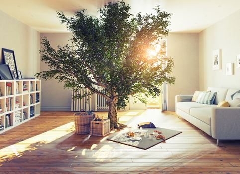 picnic in a home interior. 3D concept illustration