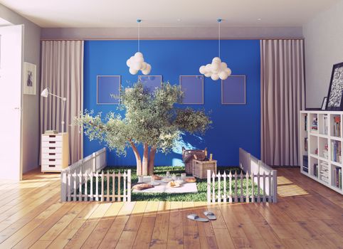 the cozy picnic place in a living interior. 3d rendering concept