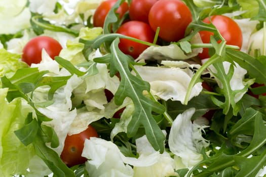 Heap of ruccola, lettuce leaves and cherry tomatoes