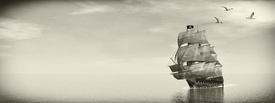 Beautiful detailed Pirate Ship, floating on the ocean surrounded with seagulls by day, vintage style image - 3D render