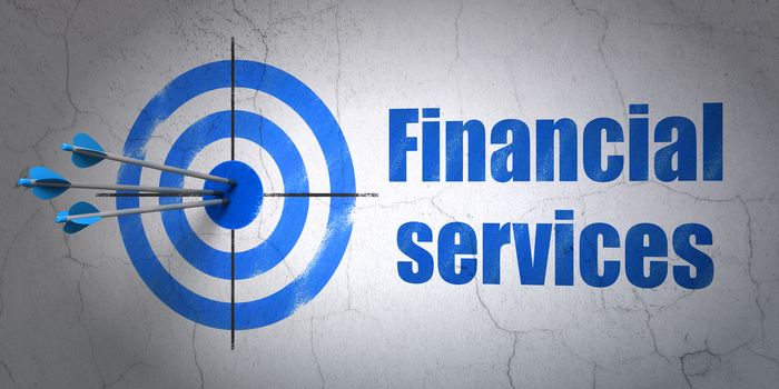 Success banking concept: arrows hitting the center of target, Blue Financial Services on wall background